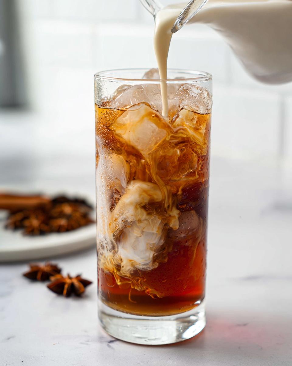 Pouring milk into a glass of iced tea concentrate to make an Iced Chai Latte Made from Tea Bags.