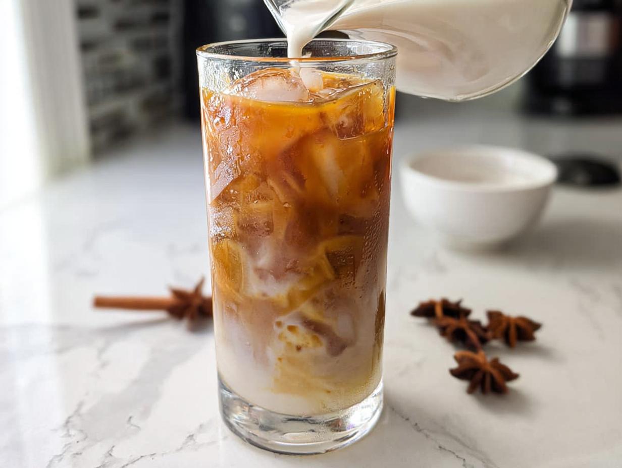 Milk being poured into a tall glass filled with ice and concentrated tea for an Iced Chai Latte Made from Tea Bags.