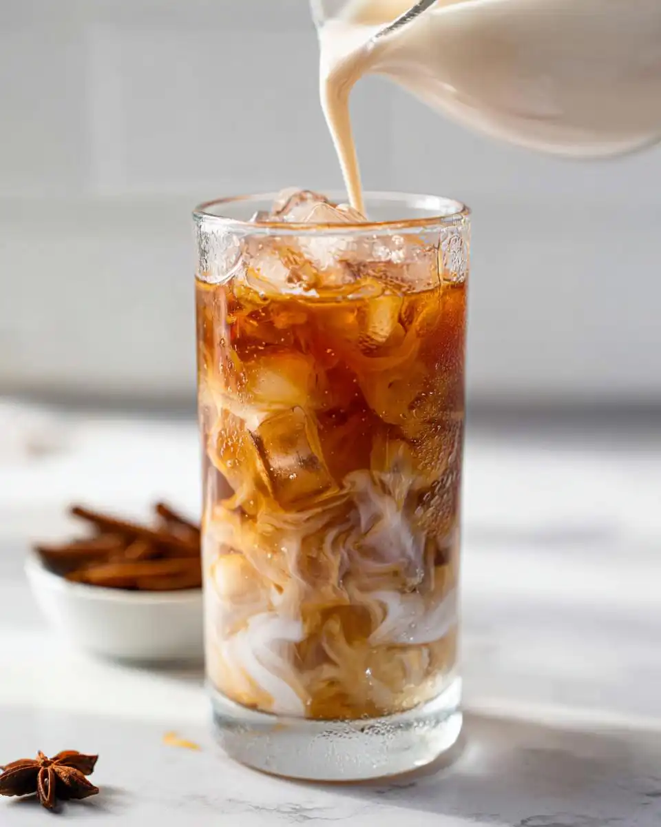 Milk being poured into a glass of iced chai concentrate, creating swirls for an Iced Chai Latte Made from Tea Bags.