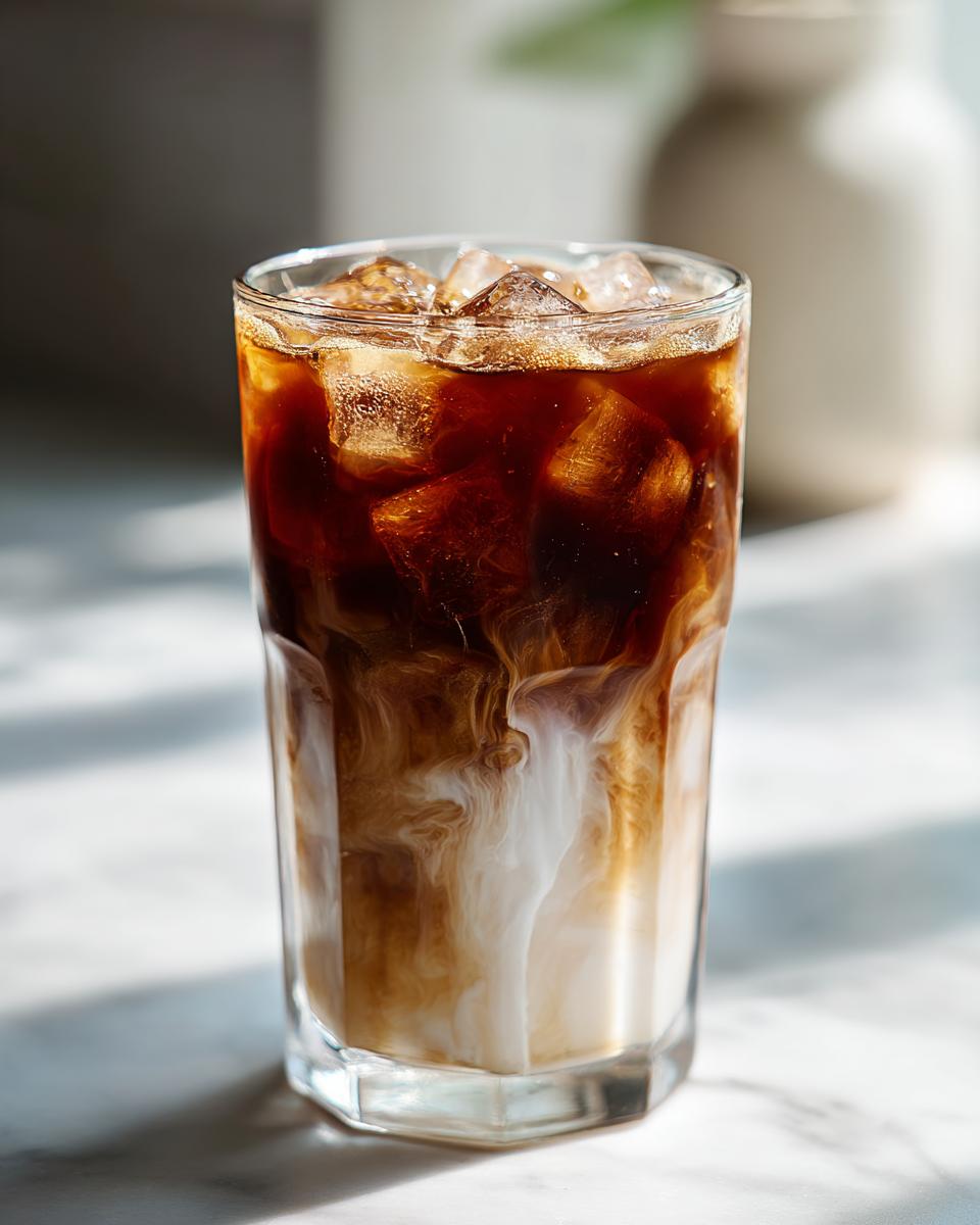 Close-up of an Iced Chai Latte with Vanilla Syrup showing rich brown tea mixing with white milk over ice cubes.