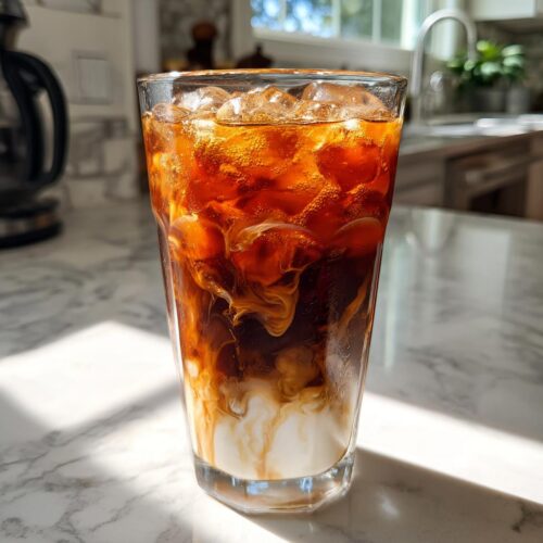 Close-up of an Iced Chai Latte with Vanilla Syrup showing milk swirling into the dark tea and ice.