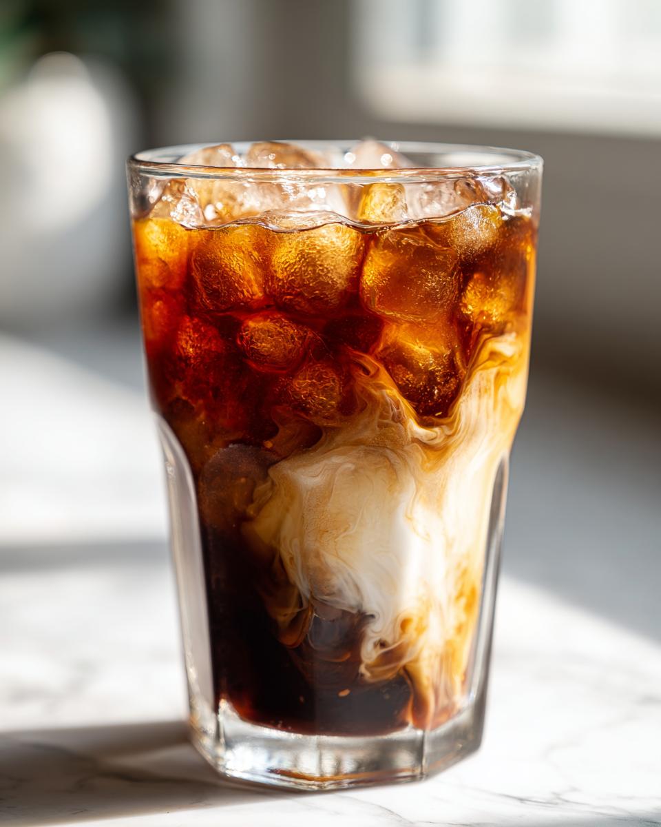 Close-up of a tall glass filled with ice cubes, dark chai concentrate, and swirling vanilla syrup and milk for an Iced Chai Latte with Vanilla Syrup.