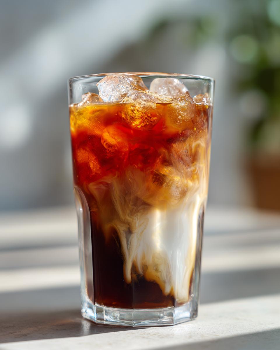Close-up of an Iced Chai Latte with Vanilla Syrup showing milk swirling into dark tea over ice cubes.