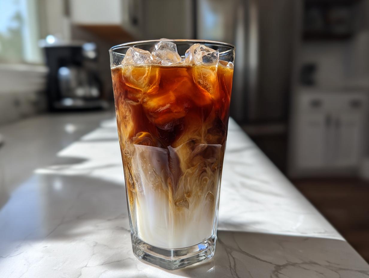 A tall glass of Iced Chai Latte with Vanilla Syrup showing swirls of dark chai and white milk over ice cubes.