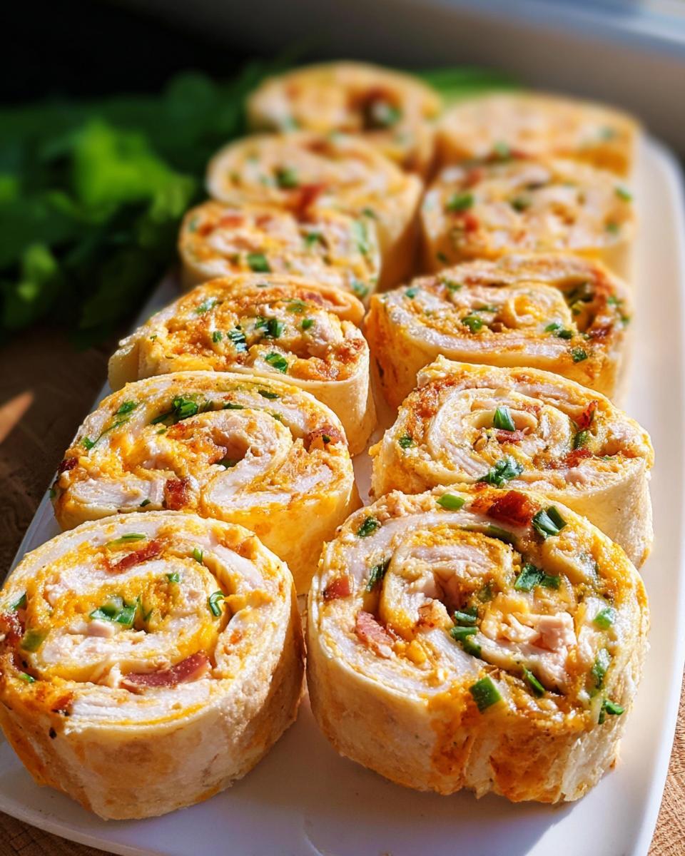 Rows of sliced Jalapeño Popper Chicken Pinwheels arranged on a white platter, showing chicken, cheese, and green onions inside.