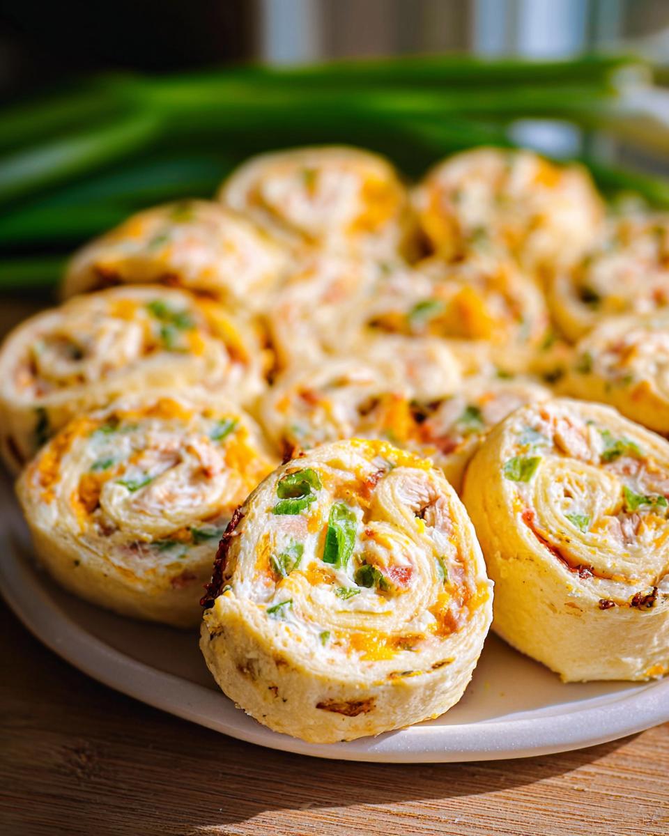 A close-up of several Jalapeño Popper Chicken Pinwheels arranged on a white plate, showing the creamy filling and green peppers.