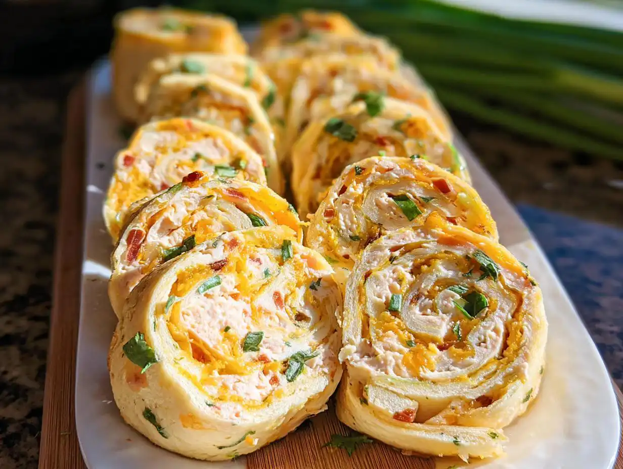 Close-up of sliced Jalapeño Popper Chicken Pinwheels arranged on a white platter, showing creamy filling and green herbs.