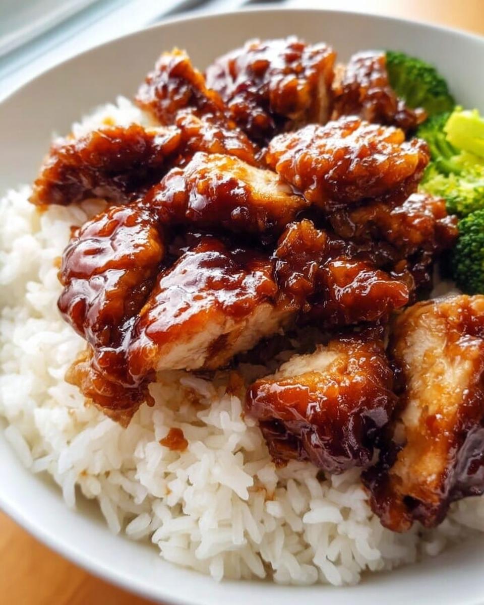 Close-up of crispy chicken pieces coated in glossy teriyaki sauce served over white rice with a side of steamed broccoli, perfect for Kid-Friendly Teriyaki Chicken.