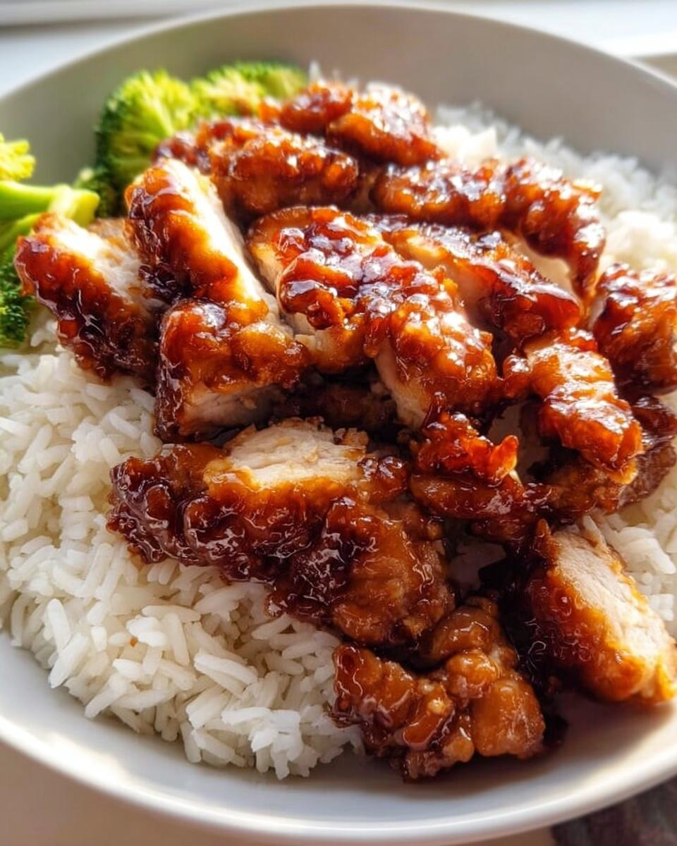 Close-up of Kid-Friendly Teriyaki Chicken pieces coated in glossy sauce served over white rice with a side of steamed broccoli.