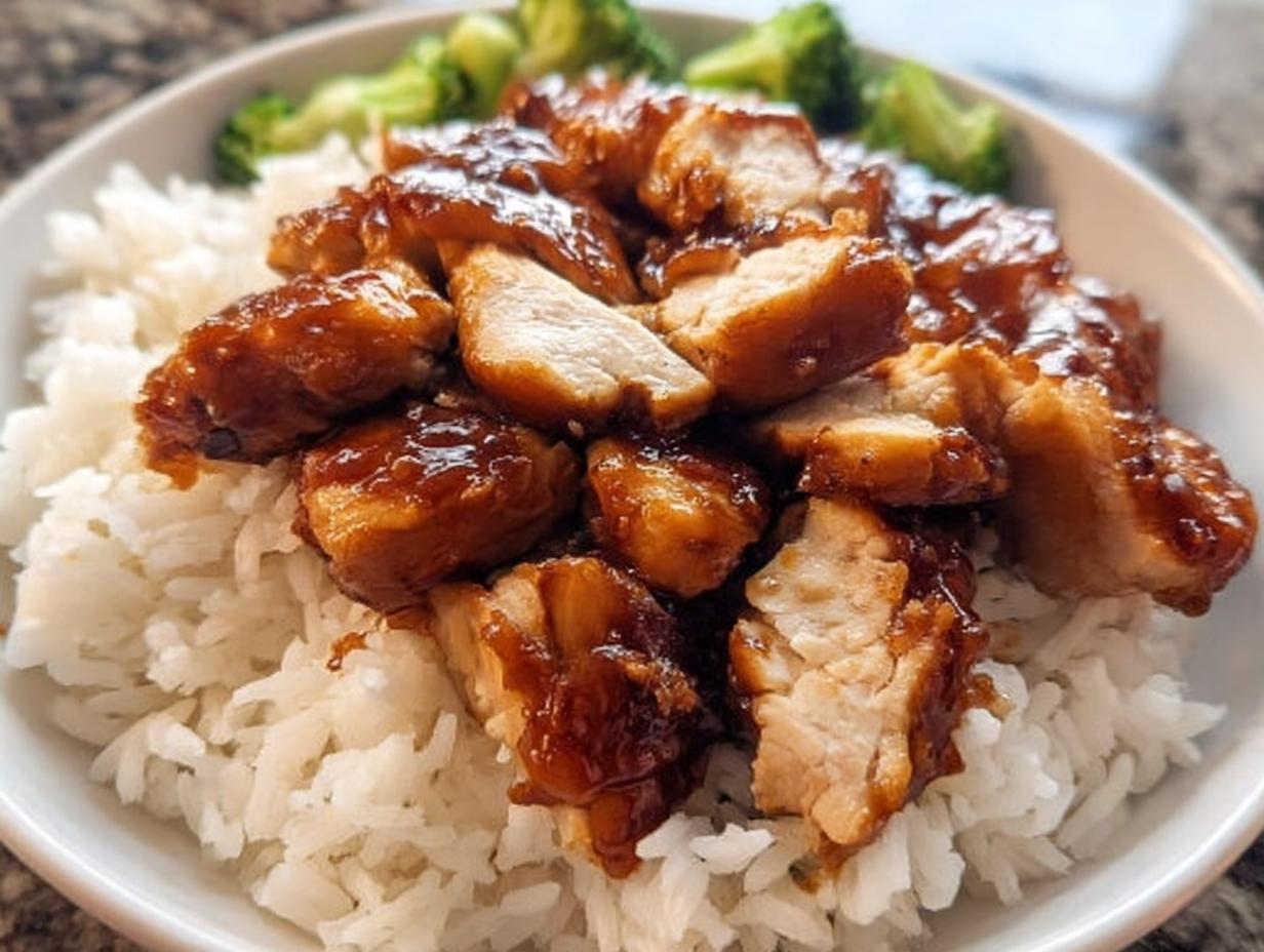 Close-up of Kid-Friendly Teriyaki Chicken pieces glazed with sauce served over white rice and broccoli.