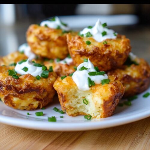 A plate of golden brown Loaded Potato Puffs topped with sour cream and fresh chives.