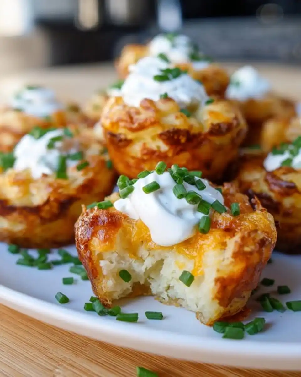 Close-up of cheesy Loaded Potato Puffs topped with sour cream and fresh chives, one puff has a bite taken out.