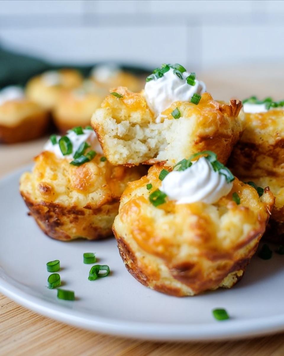 A stack of golden-brown Loaded Potato Puffs topped with sour cream and fresh chives, one is broken open.