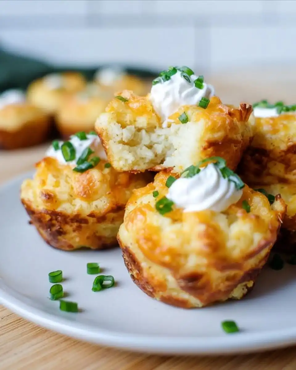 A stack of golden-brown Loaded Potato Puffs topped with sour cream and fresh chives, one is broken open.