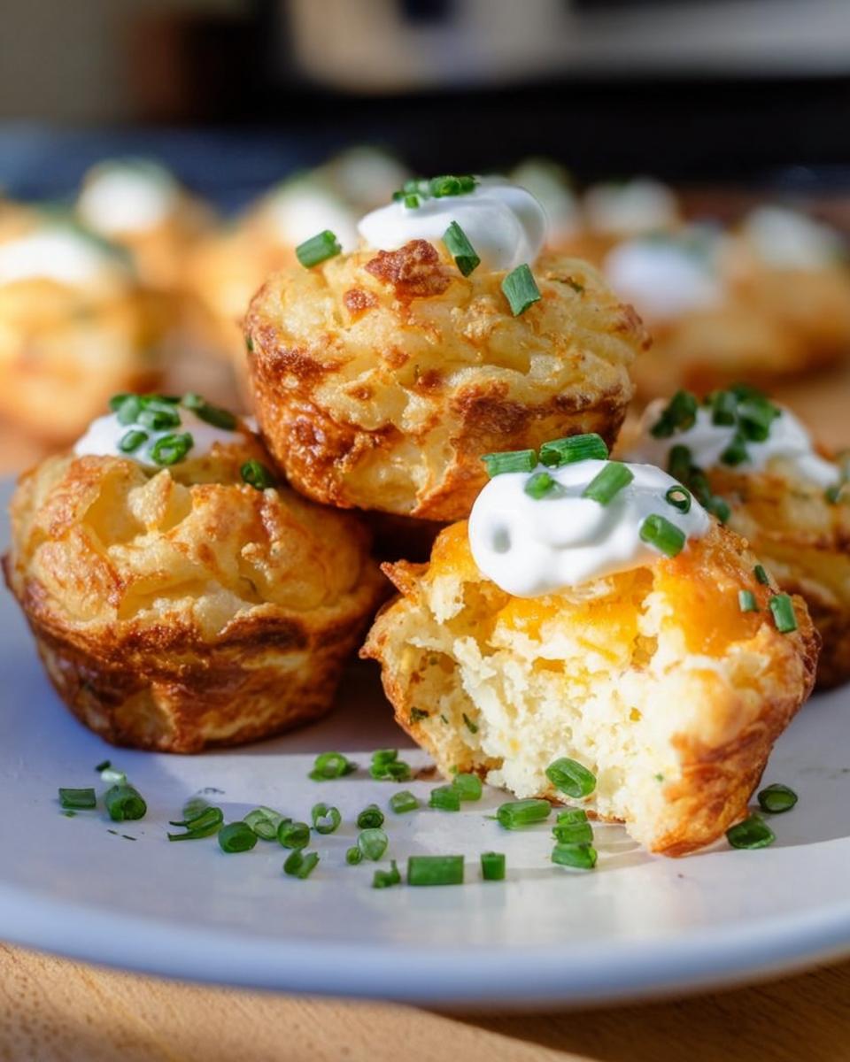 Close-up of golden brown Loaded Potato Puffs topped with sour cream and fresh chives, one is bitten into.