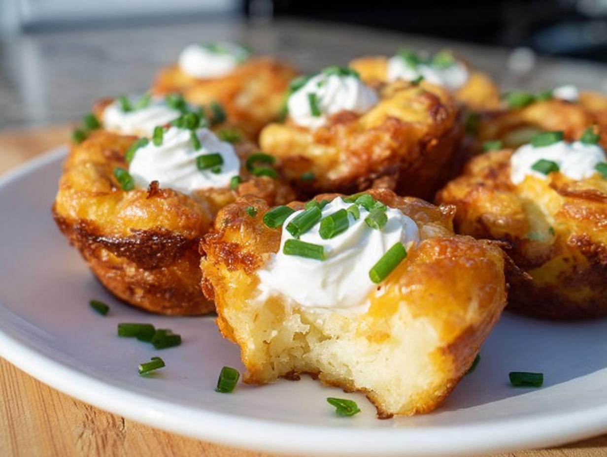 Close-up of several golden brown Loaded Potato Puffs topped with sour cream and fresh chives on a white plate.
