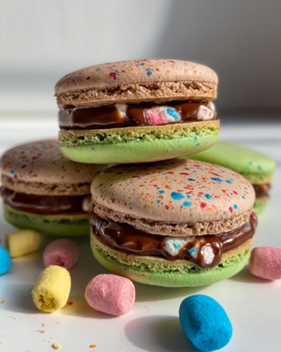 Three colorful Lucky Charms Chocolate Ganache Macarons stacked, filled with chocolate and marshmallows.