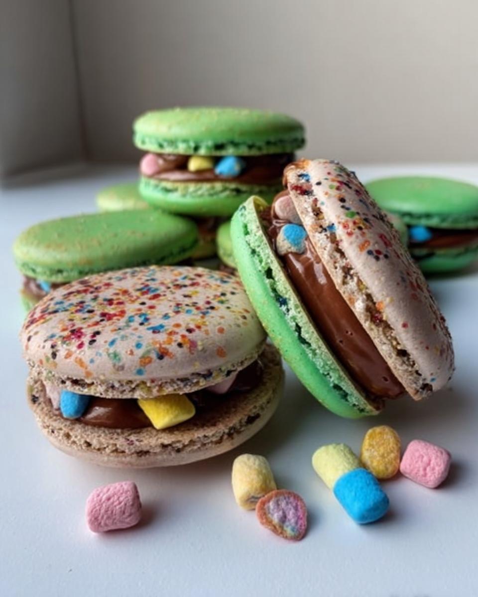 Close-up of colorful Lucky Charms Chocolate Ganache Macarons filled with chocolate and colorful marshmallows.