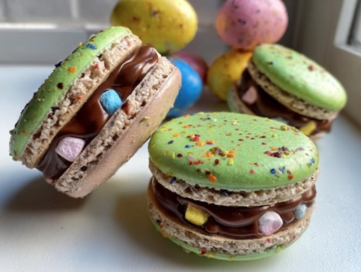 Close-up of green-topped Lucky Charms Chocolate Ganache Macarons filled with rich chocolate and colorful marshmallows.