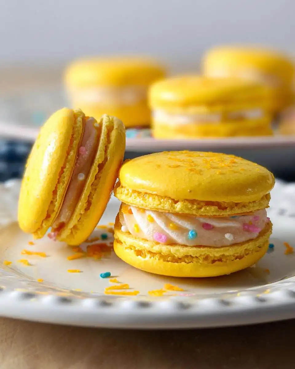 Two bright yellow Lucky Charms Lemon Macarons filled with pink frosting and colorful sprinkles on a white plate.