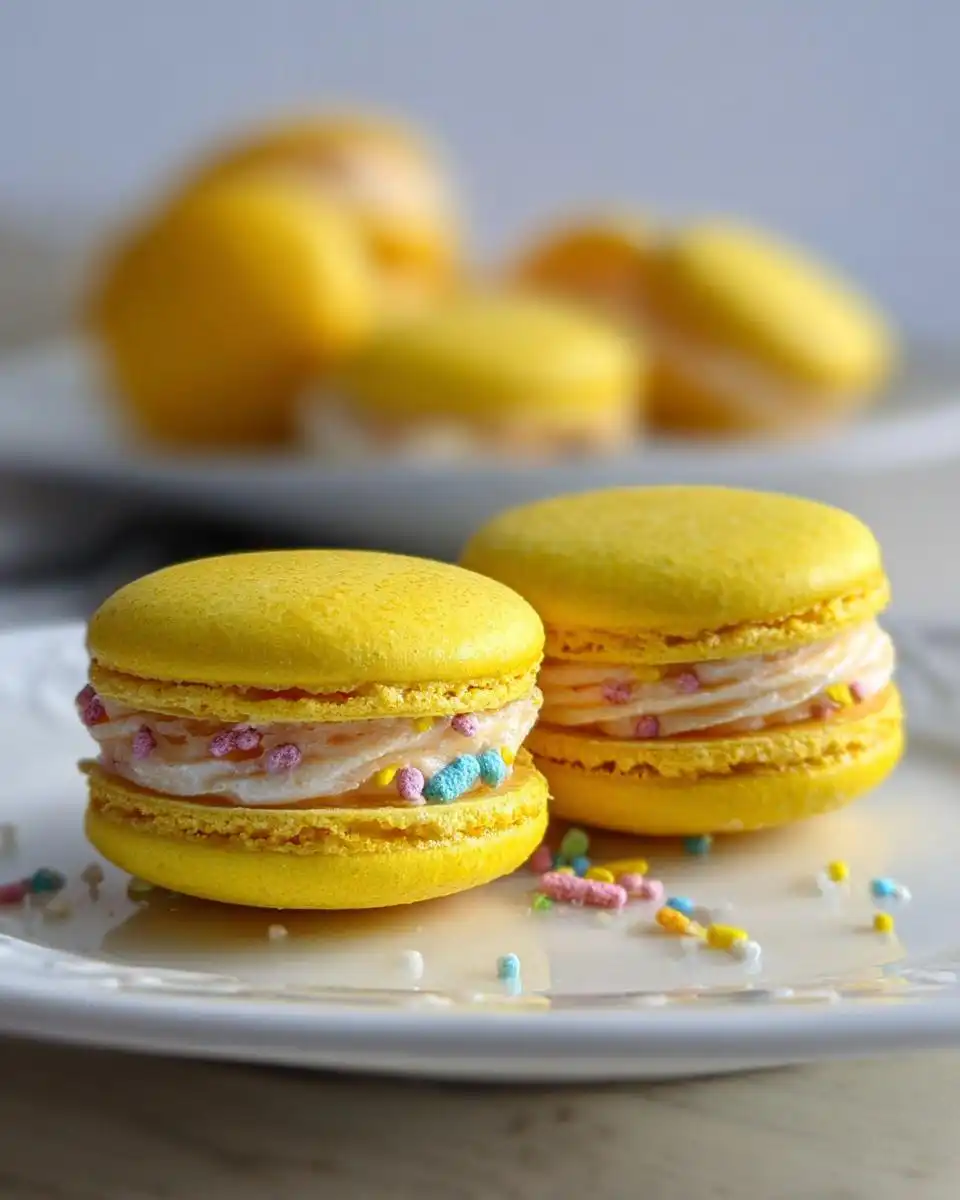 Two bright yellow Lucky Charms Lemon Macarons filled with cream and colorful sprinkles on a white plate.