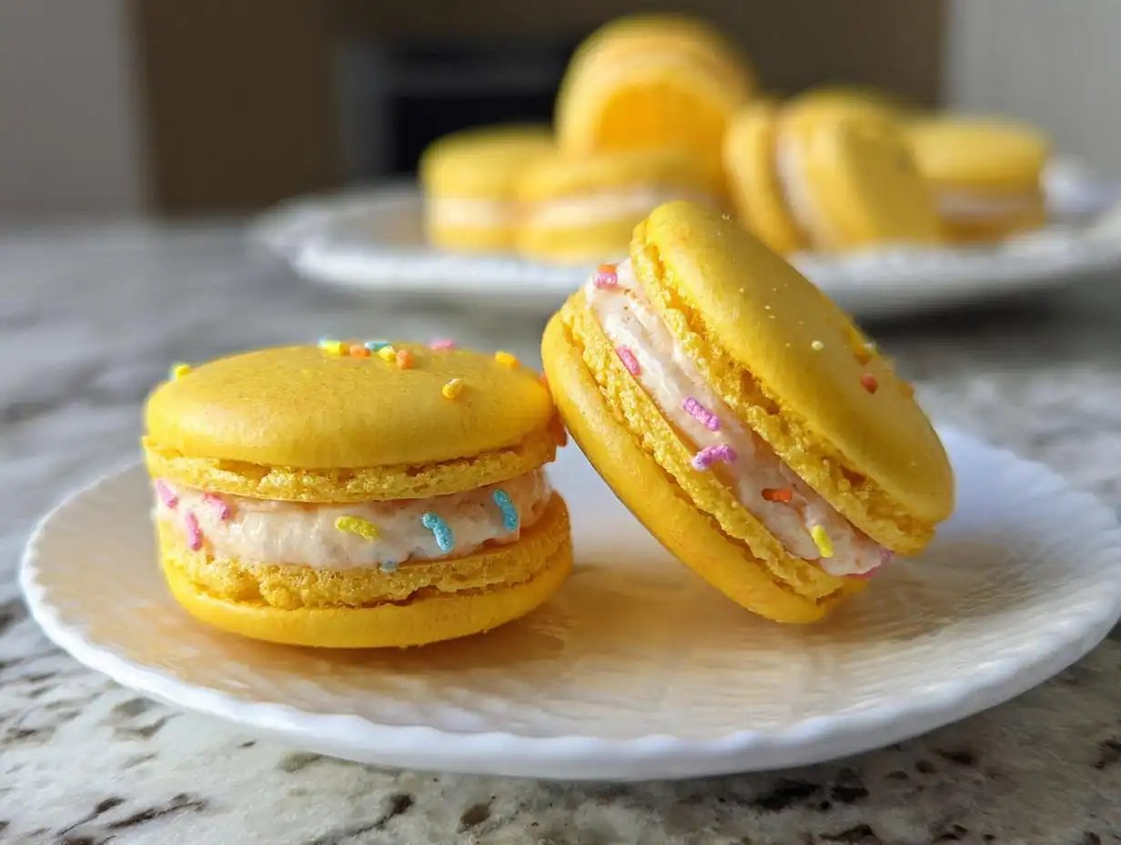 Two bright yellow Lucky Charms Lemon Macarons filled with light pink frosting and colorful sprinkles resting on a white plate.
