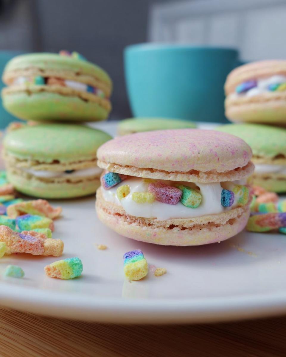 A close-up of a pink Lucky Charms Marshmallow Cream Macaron filled with white cream and colorful marshmallows.