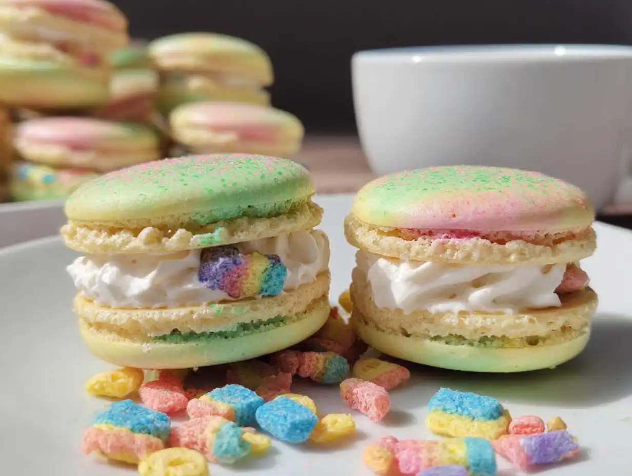 Two colorful Lucky Charms Marshmallow Cream Macarons filled with white cream and colorful cereal pieces.