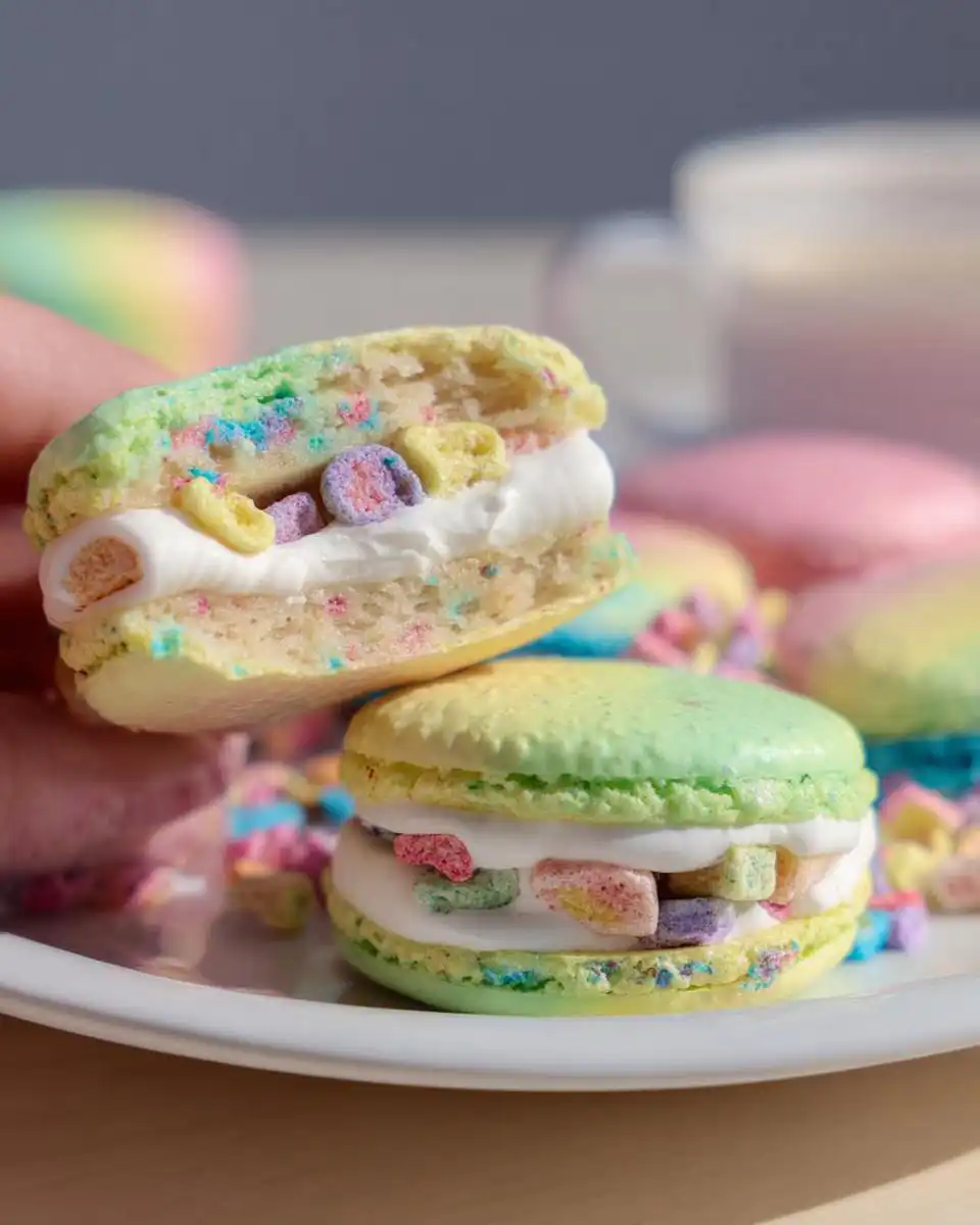 Close-up of colorful Lucky Charms Marshmallow Cream Macarons filled with white cream and marshmallow pieces.