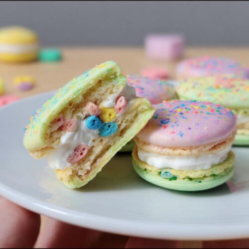 Close-up of a split Lucky Charms Marshmallow Cream Macaron showing colorful cereal pieces in the cream filling.