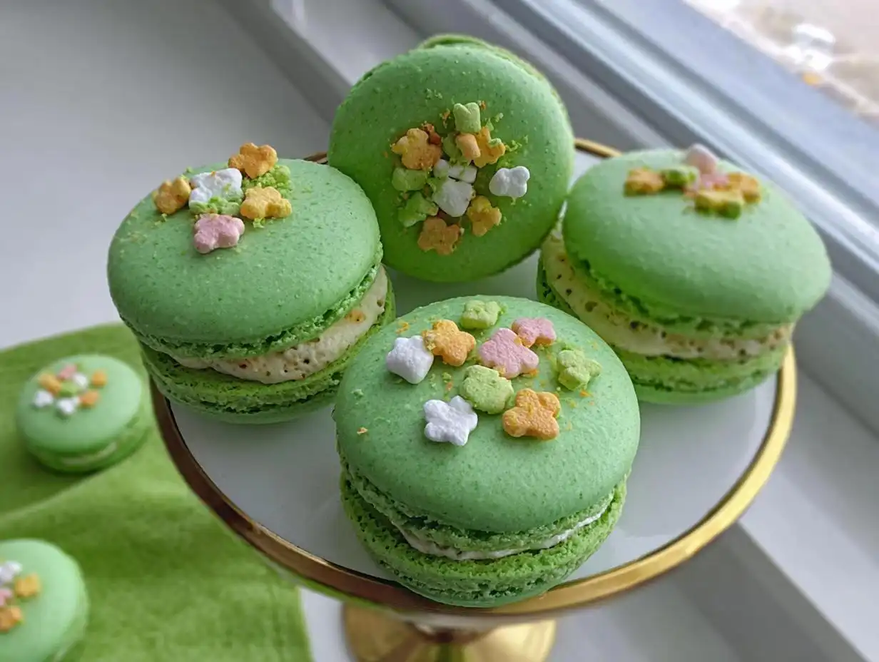 Four vibrant green Lucky Charms Pistachio Macarons topped with colorful marshmallow shapes on a white and gold cake stand.