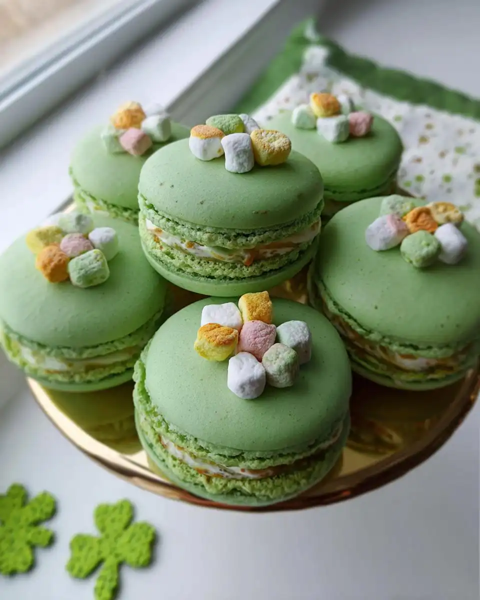 A stack of bright green Lucky Charms Pistachio Macarons topped with colorful mini marshmallows.