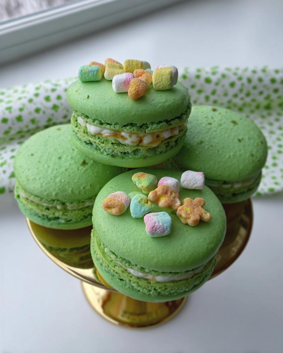 Close-up of bright green Lucky Charms Pistachio Macarons topped with colorful mini marshmallows on a gold pedestal.