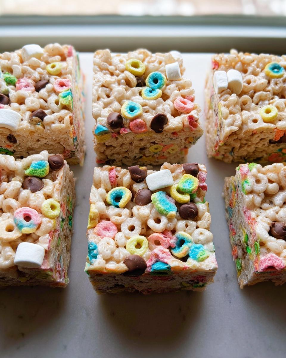 Five squares of Lucky Charms Rice Krispie Treats with chocolate chips and marshmallows on a white surface.