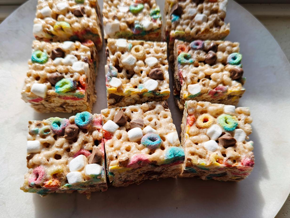 Close-up of square Lucky Charms Rice Krispie Treats with chocolate chips and marshmallows on a white surface.