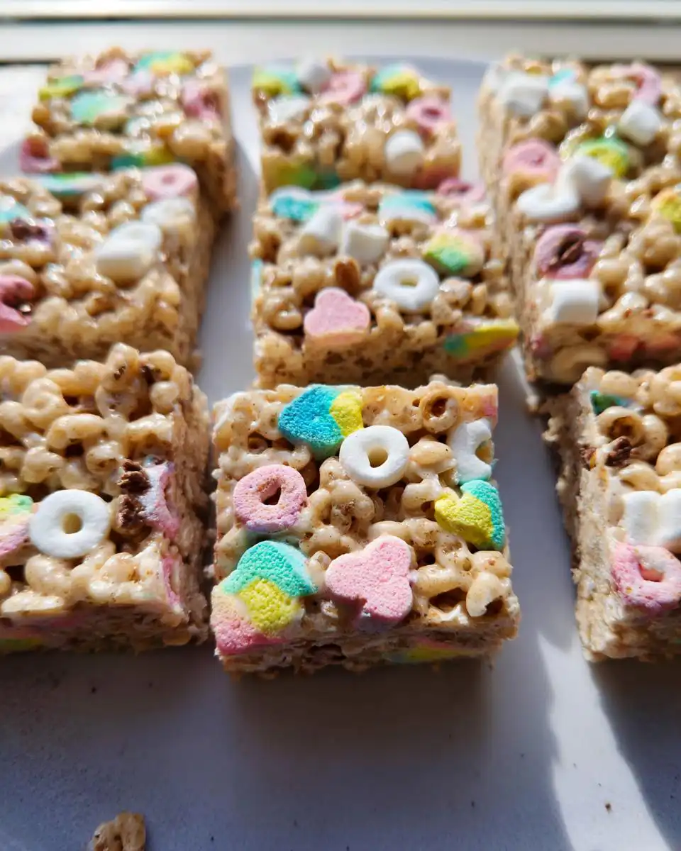 Close-up of several squares of Lucky Charms Rice Krispie Treats mixed with colorful marshmallows and chocolate chips.