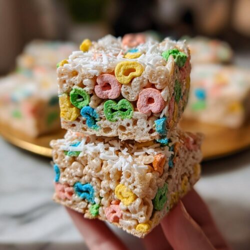 Two stacked squares of Lucky Charms Rice Krispie Treats with coconut flakes on top, held by a hand.