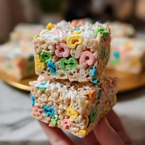 Two stacked squares of Lucky Charms Rice Krispie Treats with coconut flakes on top, held by a hand.