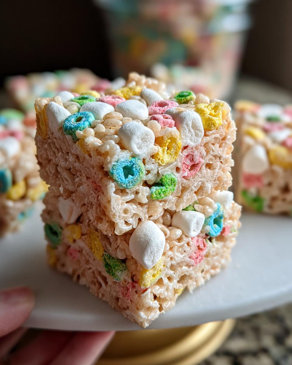 Two stacked squares of Lucky Charms Rice Krispie Treats with coconut flakes and colorful marshmallows.