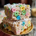 Two stacked squares of Lucky Charms Rice Krispie Treats with Coconut, featuring colorful cereal pieces and shredded coconut topping.