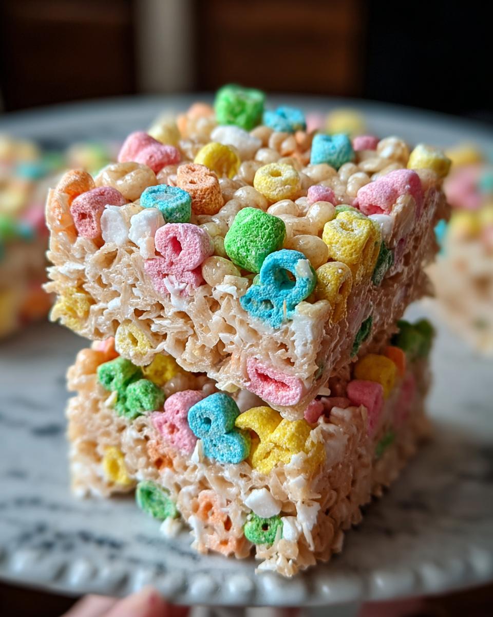 Two stacked squares of colorful Lucky Charms Rice Krispie Treats with Coconut, showing marshmallow texture and bright cereal pieces.