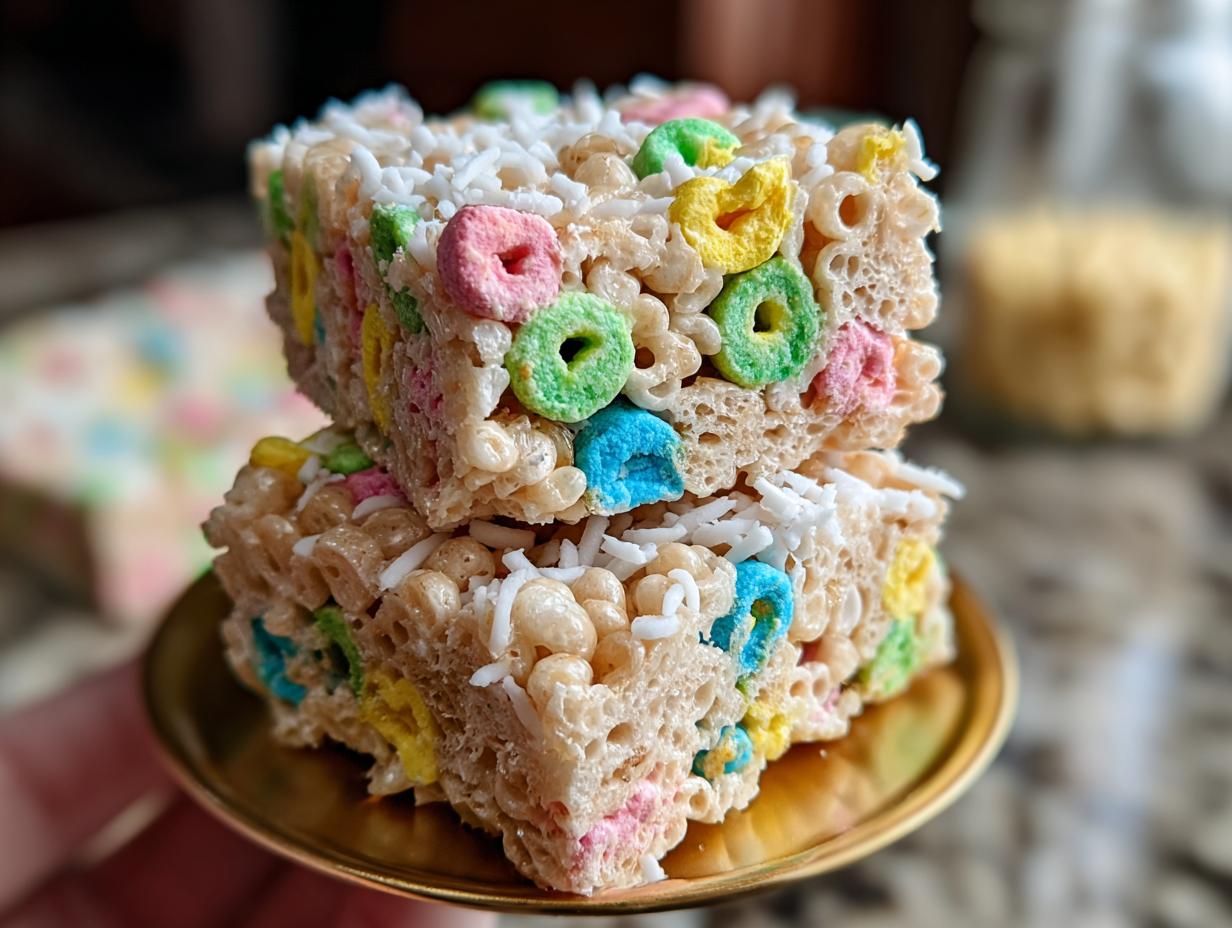 Two stacked squares of Lucky Charms Rice Krispie Treats with Coconut, featuring colorful cereal pieces and shredded coconut topping.