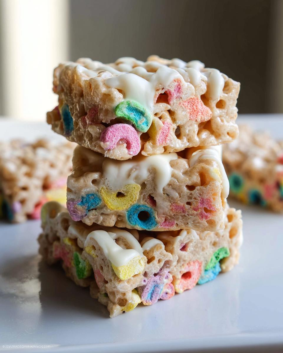 A stack of three Lucky Charms Rice Krispie Treats drizzled with white chocolate on a white plate.