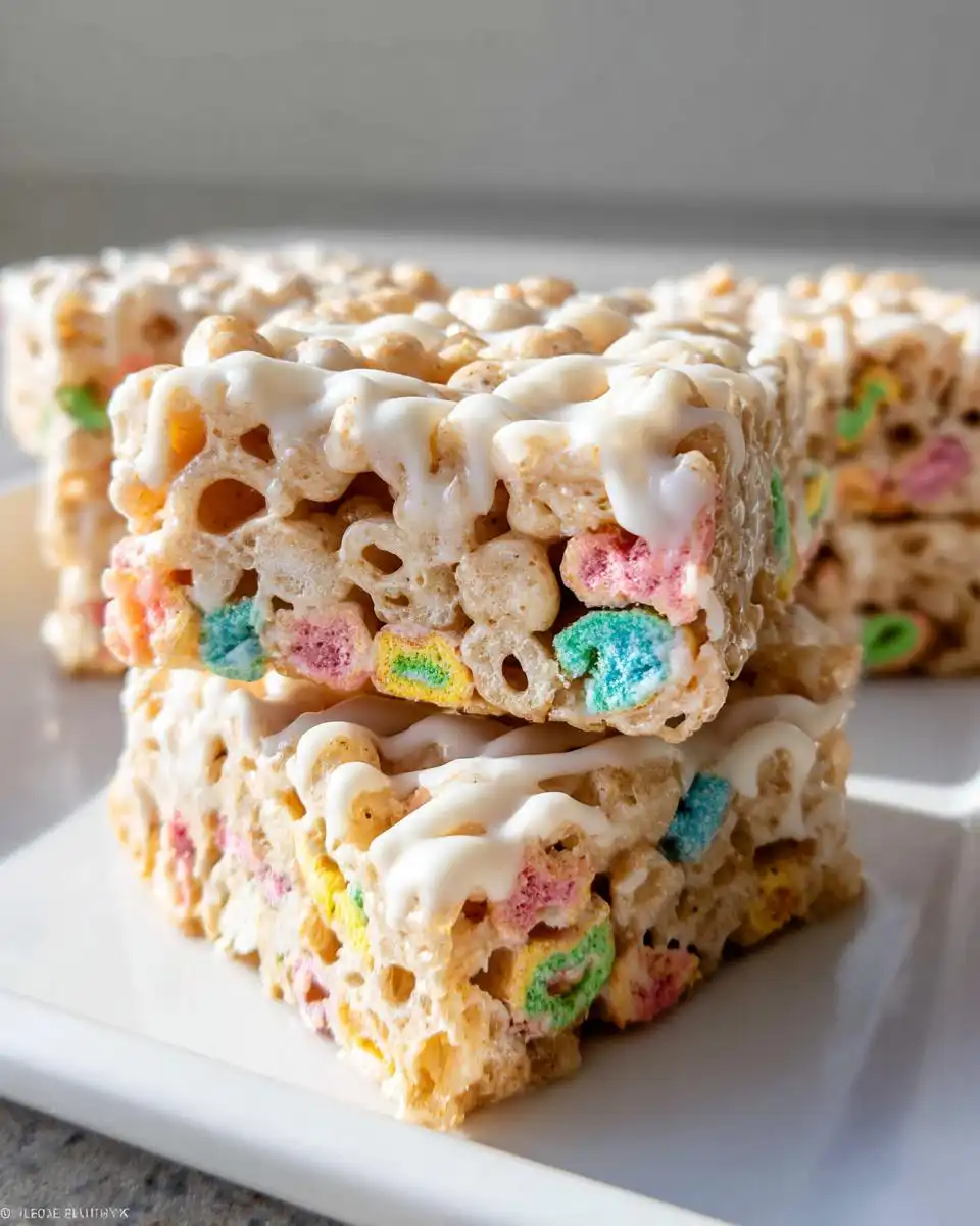Two stacked squares of Lucky Charms Rice Krispie Treats drizzled with white chocolate icing.