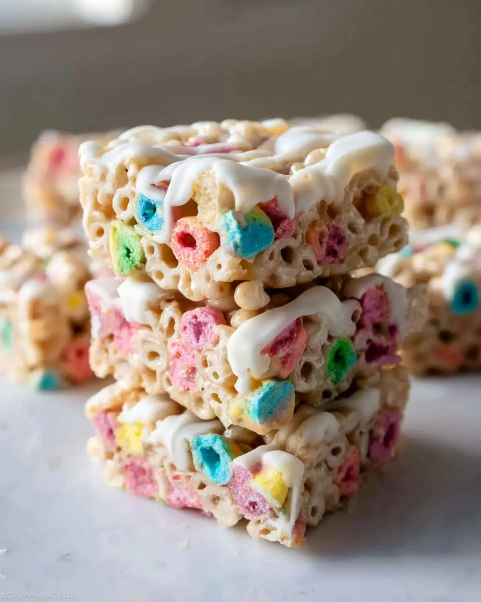 A stack of three colorful Lucky Charms Rice Krispie Treats drizzled with white chocolate icing.