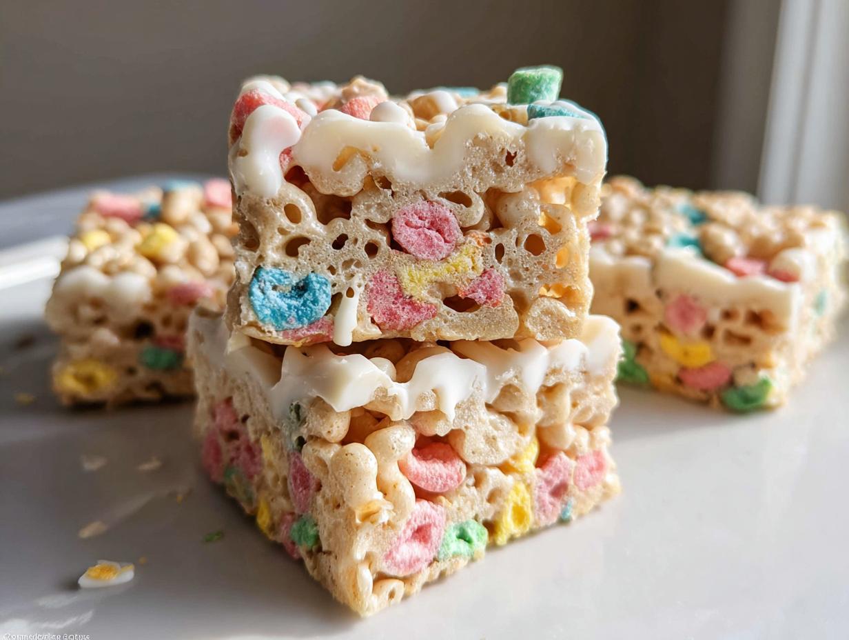 Two stacked squares of Lucky Charms Rice Krispie Treats topped with melted white chocolate.