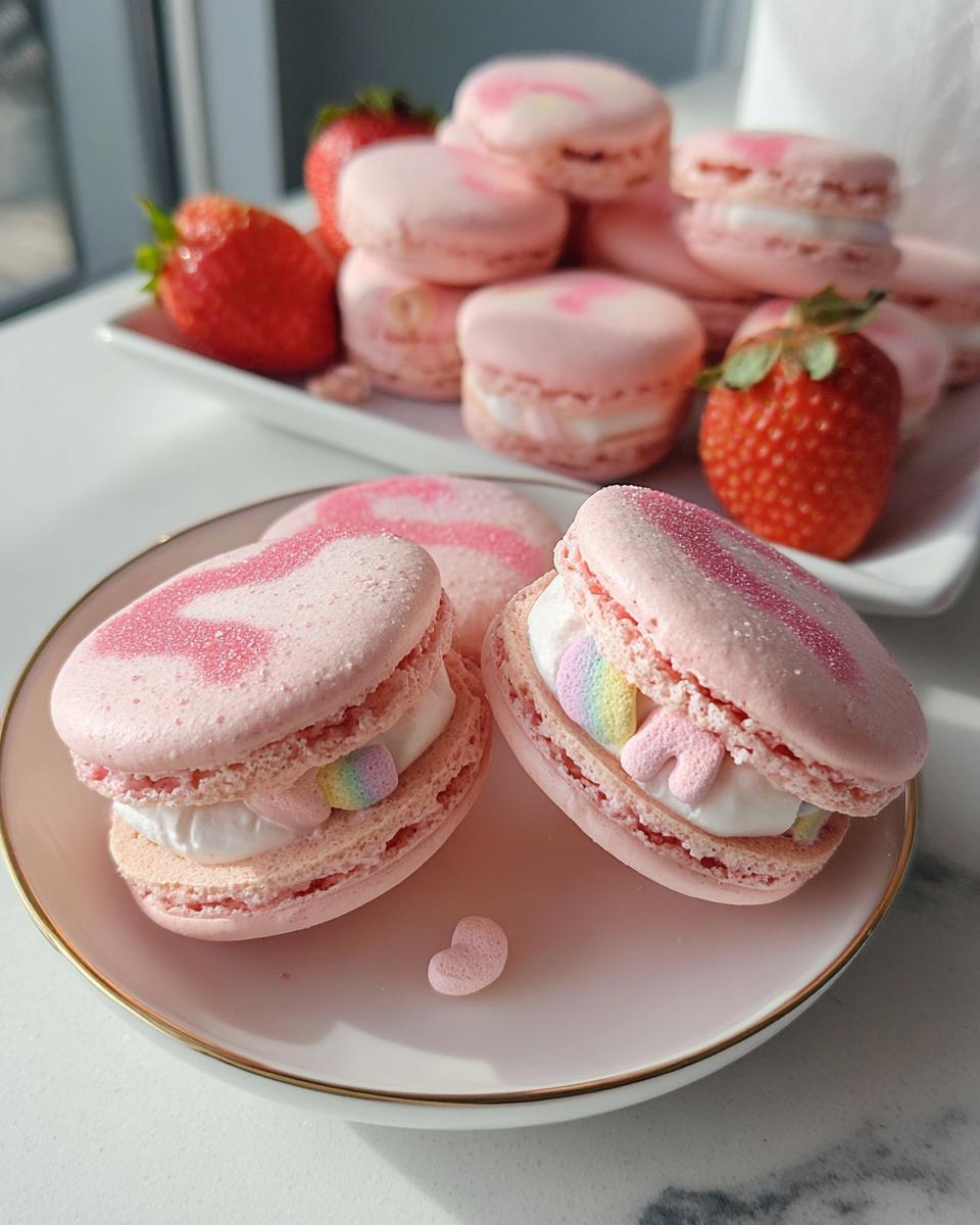 Two pink Lucky Charms Strawberry Macarons filled with cream and colorful marshmallows on a small plate.