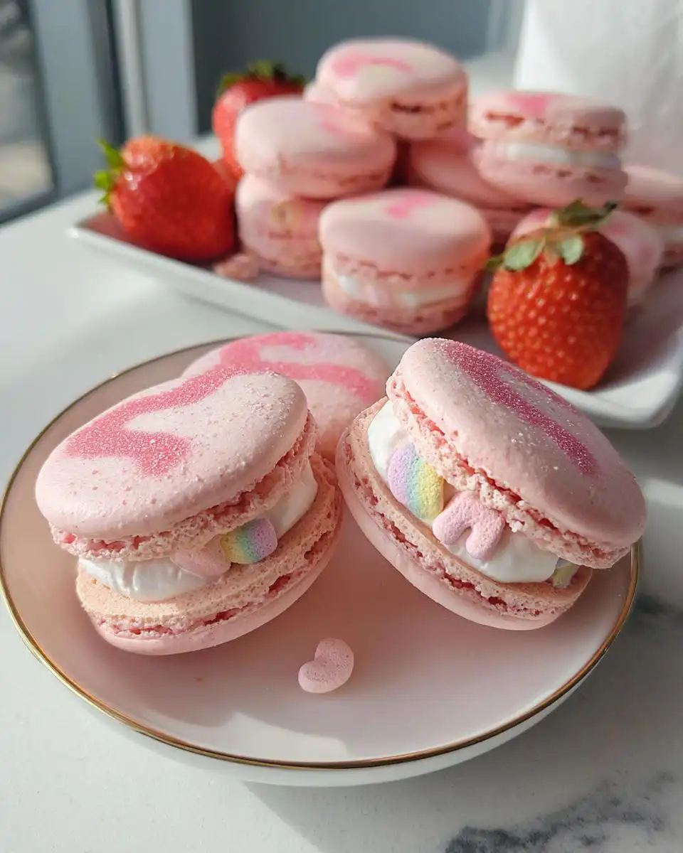 Two pink Lucky Charms Strawberry Macarons filled with cream and colorful marshmallows on a small plate.