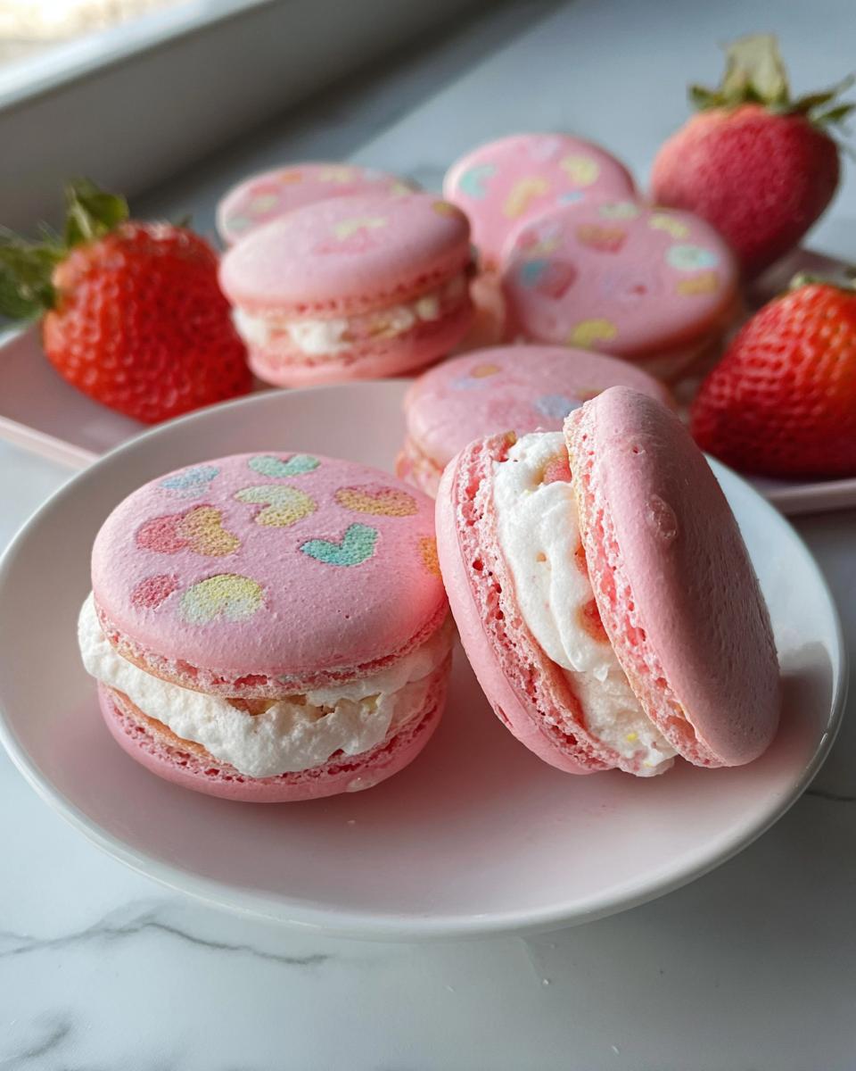 Two pink Lucky Charms Strawberry Macarons, one open showing white cream filling, served with fresh strawberries.