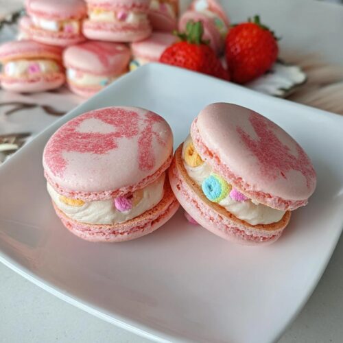 Two pink Lucky Charms Strawberry Macarons filled with cream and colorful marshmallows on a white plate.